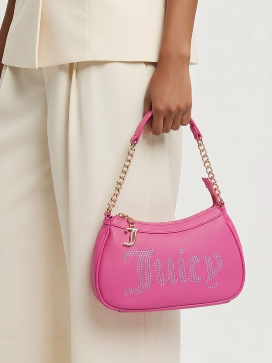 Juicy Couture Handbags - Juicy Couture Hot Pink Rhinestone Logo Shoulder Bag with Gold Chain